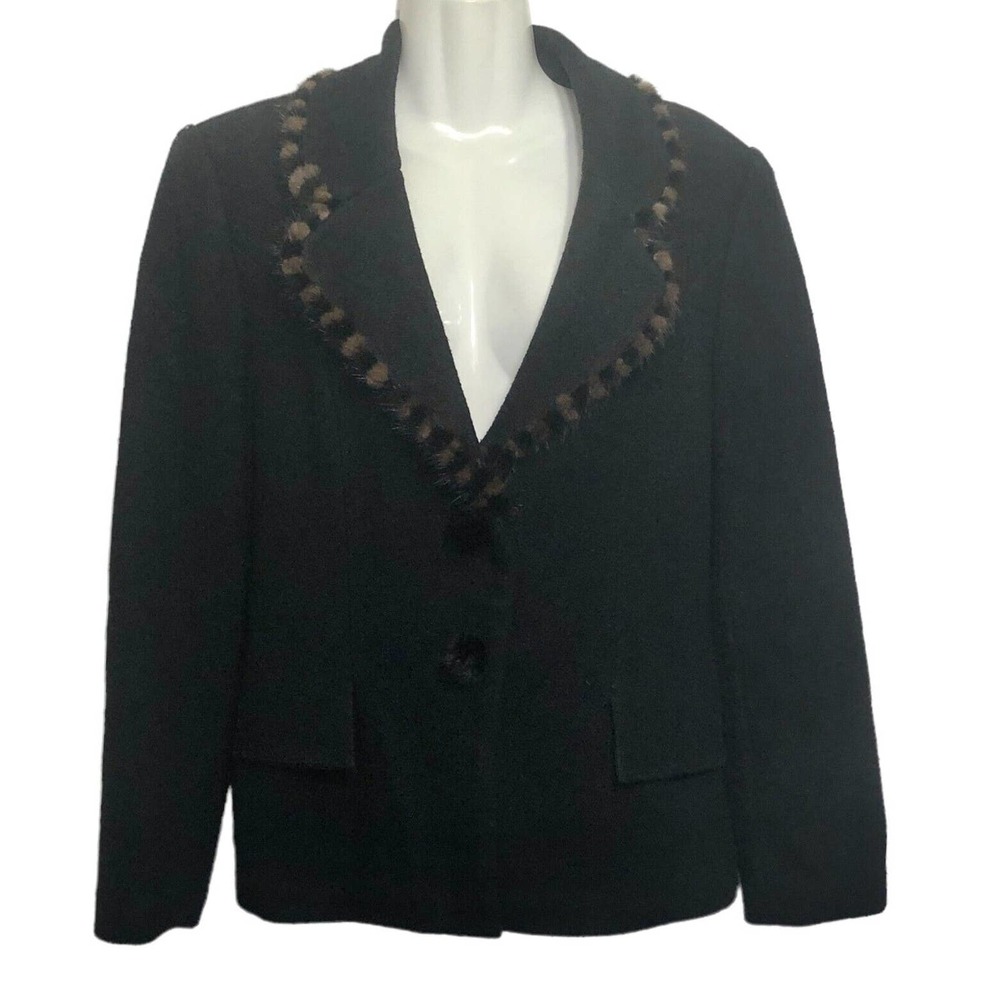 Ming Liu Wool Blazer Black Brown Rabbit Fur Trim Pom Pom Buttons